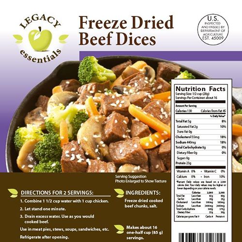 With a 25 year shelf life, Legacy USDA Freeze Dried Meats are the perfect way to add protein and variety to your emergency food supply.